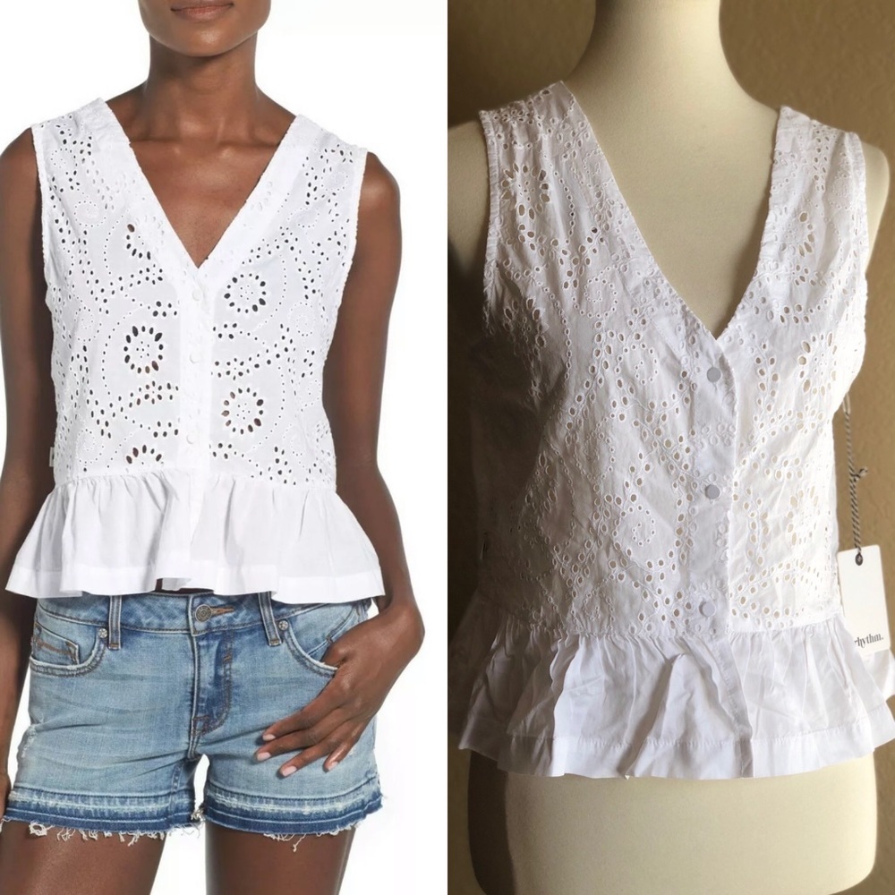 Rhythm Women's White Cotton Jungle Eyelet Top